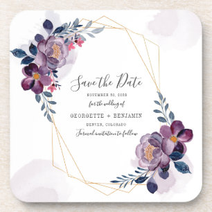 Geometrische lila florale Hochzeit Vormerkung Getränkeuntersetzer