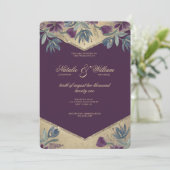 Geometrische lila Goldblumenhochzeit Einladung (Stehend Vorderseite)