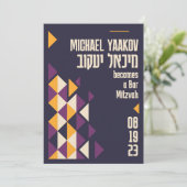 Geometrische Lila hebräische Bar Mitzvah Einladung (Stehend Vorderseite)