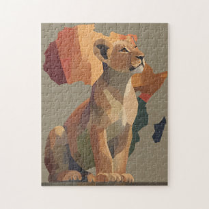 Geometrische Mosaiklioness mit stilisierter Afrika Puzzle