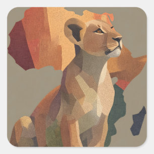 Geometrische Mosaiklioness mit stilisierter Afrika Quadratischer Aufkleber