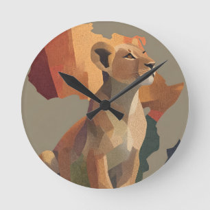 Geometrische Mosaiklioness mit stilisierter Afrika Runde Wanduhr