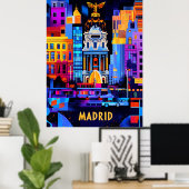 Geometrische Nacht von Madrid - Lebendes Städtchen Poster (Heimbüro)
