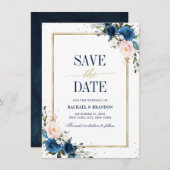 Geometrische Navy Blue Blush Rose Save the Date (Vorne/Hinten)