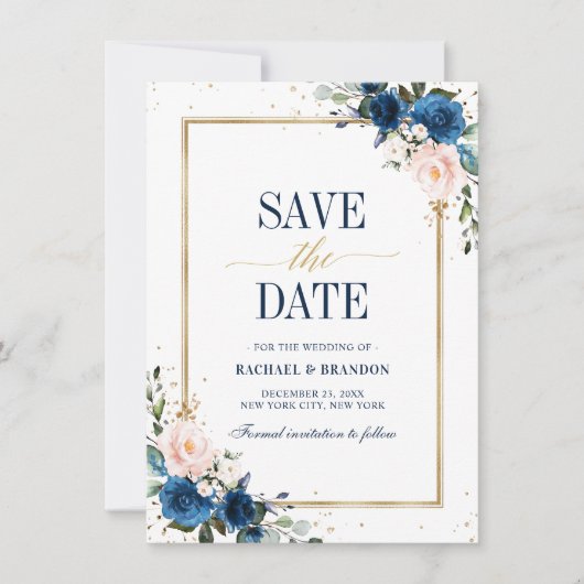 Geometrische Navy Blue Blush Rose Save the Date (Vorderseite)