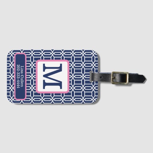 Geometrische Navy-Octagon-Monogramm-Preppy Gepäckanhänger (Vorderseite (Horizontal))