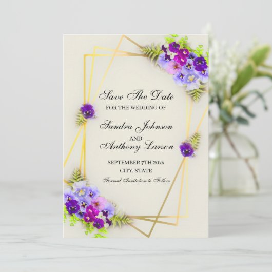 Geometrische Pansy Save the Date (Stehend Vorderseite)