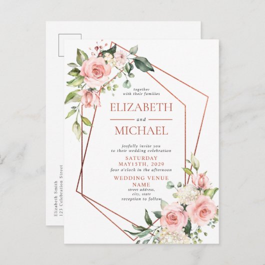 Geometrische Pfirsichpfirsichrosa, florale Postkar Ankündigungspostkarte (Vorne/Hinten)