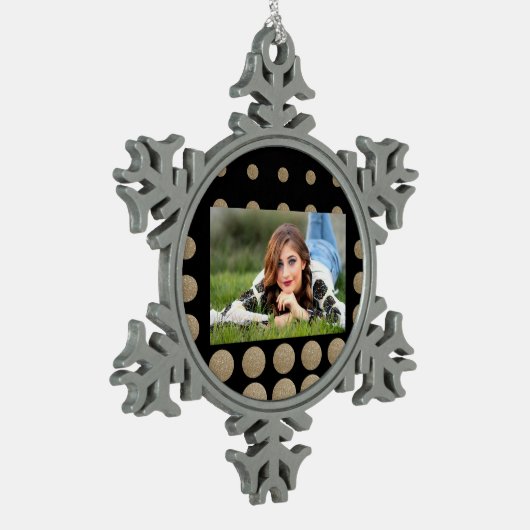 geometrische Pollka-Punkte aus schwarzem Glitzer Schneeflocken Zinn-Ornament (Links)