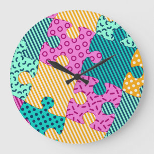 Geometrische Puzzles: Memphis-Banner. Große Wanduhr