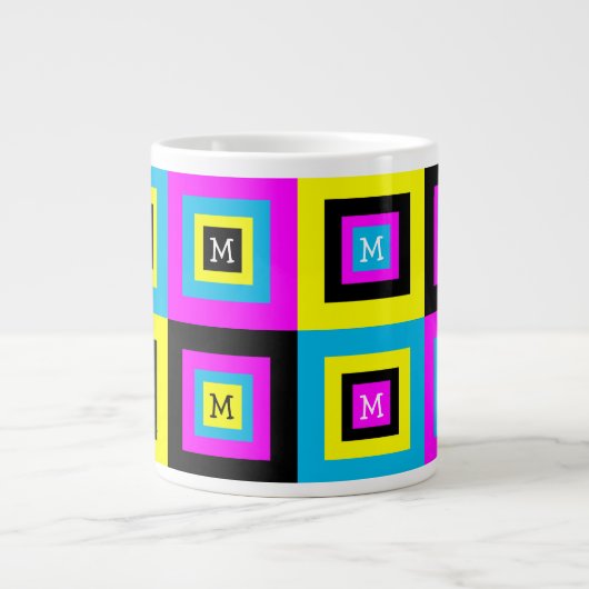 Geometrische Quadrate Monogramm CMYK Jumbo-Tasse (Vorderseite)