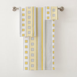 Geometrische Quadrate und Streifen, gelb, grau, cr Badhandtuch Set
