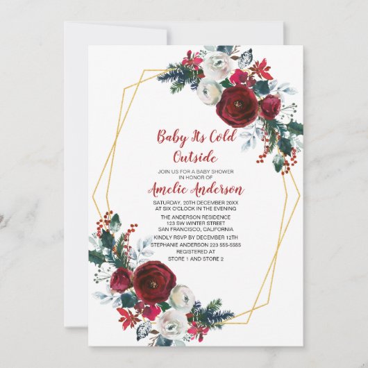 Geometrische Rahmen Burgundy Blume Kinderdusche Einladung (Vorderseite)