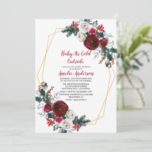 Geometrische Rahmen Burgundy Blume Kinderdusche Einladung (Stehend Vorderseite)