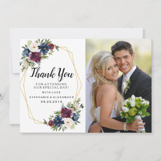 Geometrische Rahmen Burgundy Navy-Blume Hochzeit Dankeskarte