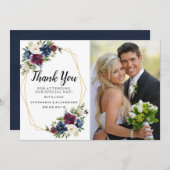 Geometrische Rahmen Burgundy Navy-Blume Hochzeit Dankeskarte (Vorne/Hinten)