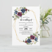 Geometrische Rahmen Burgundy Navy-Blume Hochzeit Einladung (Stehend Vorderseite)
