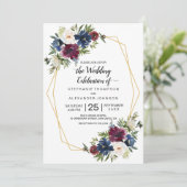 Geometrische Rahmen Burgundy Navy-Blume Hochzeit Einladung (Stehend Vorderseite)