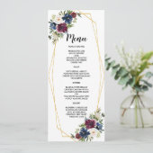 Geometrische Rahmen Burgundy Navy-Blume Hochzeit Menükarte (Stehend Vorderseite)