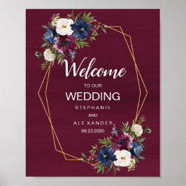 Geometrische Rahmen Burgundy Navy-Blume Hochzeit Poster