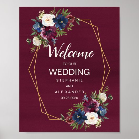 Geometrische Rahmen Burgundy Navy-Blume Hochzeit Poster (Vorne)
