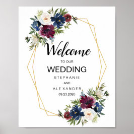 Geometrische Rahmen Burgundy Navy-Blume Hochzeit Poster