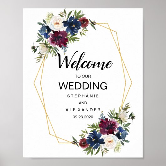 Geometrische Rahmen Burgundy Navy-Blume Hochzeit Poster (Vorne)