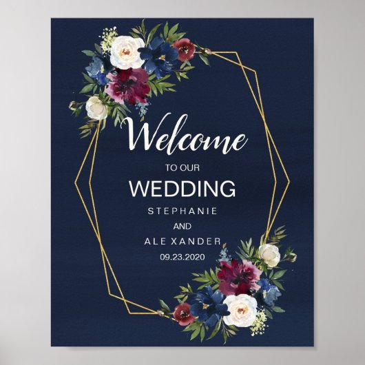 Geometrische Rahmen Burgundy Navy-Blume Hochzeit Poster (Vorne)