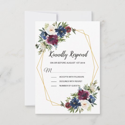Geometrische Rahmen Burgundy Navy-Blume Hochzeit RSVP Karte (Vorderseite)