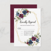 Geometrische Rahmen Burgundy Navy-Blume Hochzeit RSVP Karte (Vorne/Hinten)
