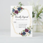 Geometrische Rahmen Burgundy Navy-Blume Hochzeit RSVP Karte (Stehend Vorderseite)