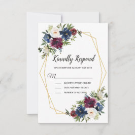 Geometrische Rahmen Burgundy Navy-Blume Hochzeit RSVP Karte