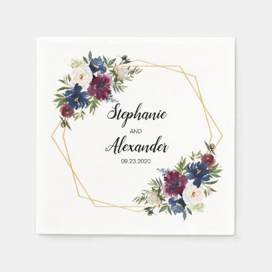 Geometrische Rahmen Burgundy Navy-Blume Hochzeit Serviette (Vorderseite)
