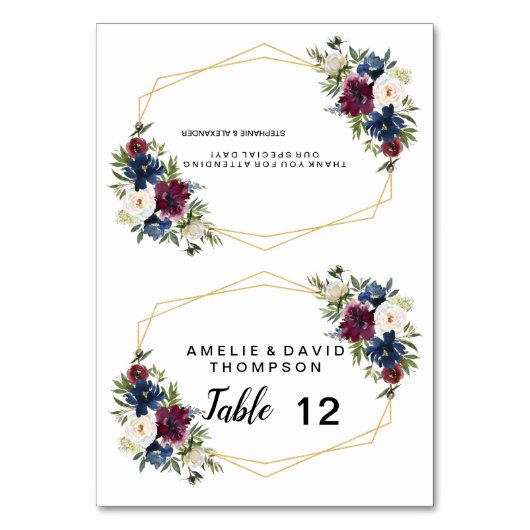 Geometrische Rahmen Burgundy Navy-Blume Hochzeit Tischnummer (Vorderseite)