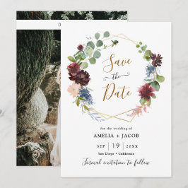 Geometrische Rahmen Burgundy Navy Floral Save the  Einladung