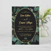 Geometrische Rahmen grün und goldfarbene Blätter S Einladung (Stehend Vorderseite)