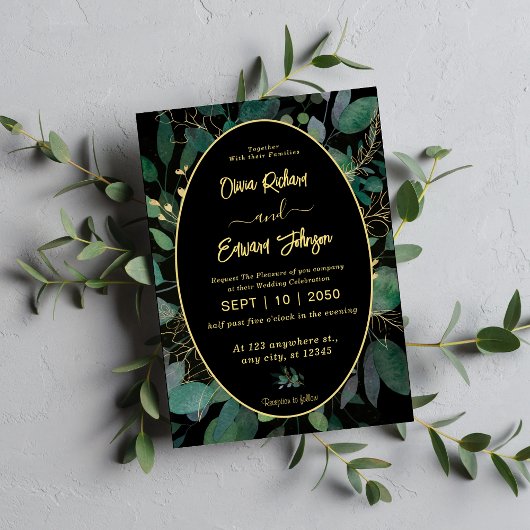 Geometrische Rahmen grün und goldfarbene Blätter S Einladung