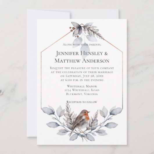 Geometrische Rahmen Silber Graurost Blätter Bird I Einladung (Vorderseite)