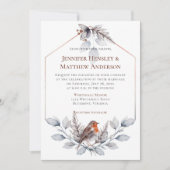 Geometrische Rahmen Silver Graurost Blätter Bird Einladung (Vorderseite)