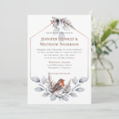 Geometrische Rahmen Silver Graurost Blätter Bird Einladung (Stehend Vorderseite)