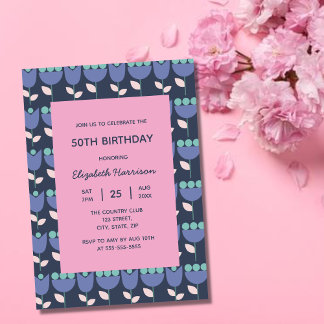 Geometrische Retro-Blume Bauhaus Navy Pink Geburts Einladung