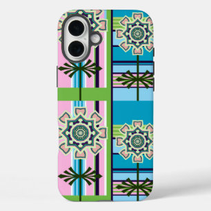 Geometrische Retro-Muster und Fantasie-Blume iPhone 16 Plus Hülle