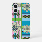 Geometrische Retro-Muster und Fantasie-Blume iPhone 16 Hülle (Rückseite)