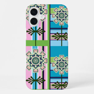 Geometrische Retro-Muster und Fantasie-Blume iPhone 16 Plus Hülle