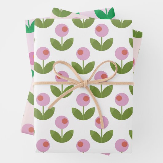 Geometrische Rosa und grüne Blume Geschenkpapier Set (Beispiel)