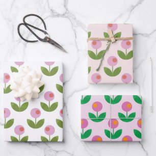 Geometrische Rosa und grüne Blume Geschenkpapier Set
