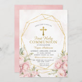 Geometrische Rose Erste Heilige Kommunion Einladung (Vorne/Hinten)