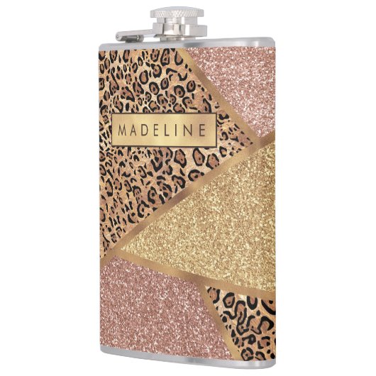 Geometrische Rose Gold Blush Glitzer Leopard Muste Flachmann (Links)
