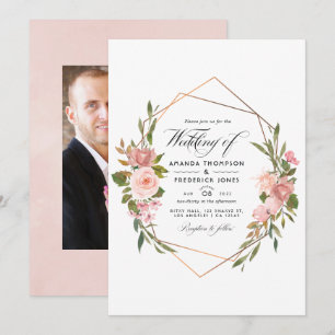 Geometrische Rose Gold und Rosé Hochzeitsfoto Einladung