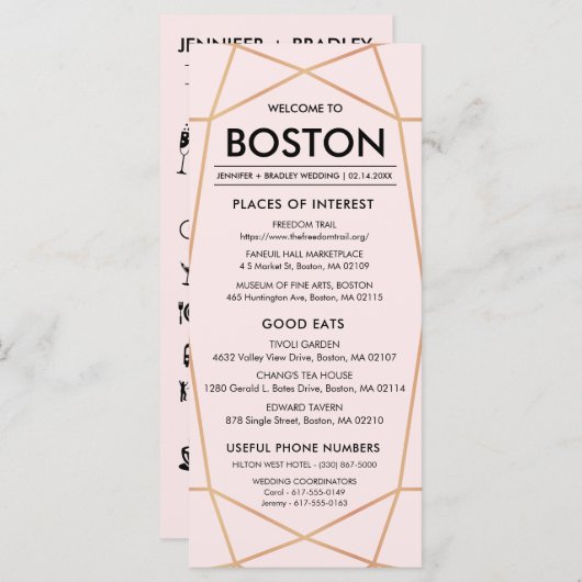 Geometrische Rose Gold Wedding Welcome Card Programm (Vorne/Hinten)